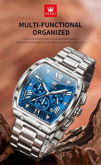 OLEVS New Design Tonneau Watch Men Luminous Waterproof Date Stainless Steel Chronograph Quartz Watches for Men Relogio Masculino