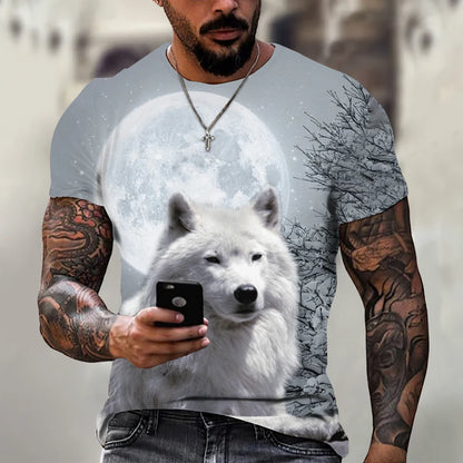 European and American men's new fashionable summer wolf roar print comfortable and breathable round neck T-shirt outdoor top