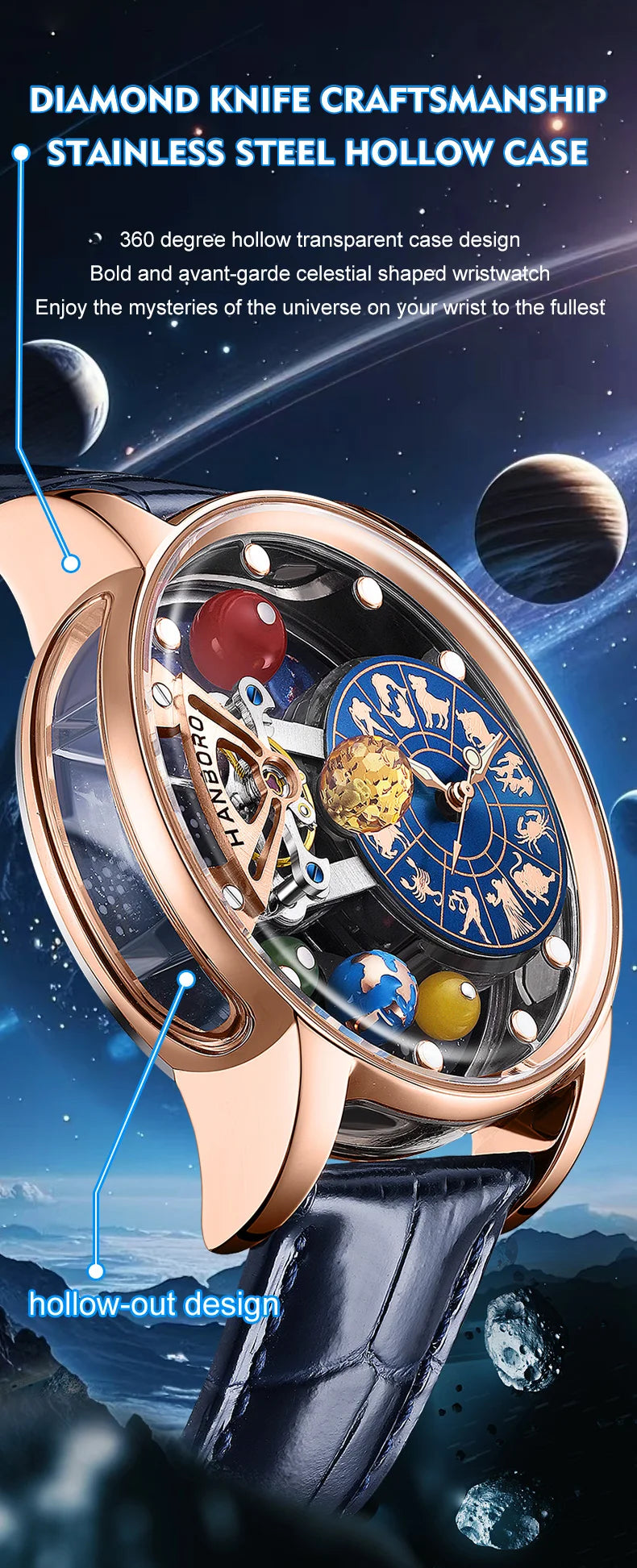 HANBORO Celestial Series 12 Constellation Men's Fully Automatic Mechanical Watch with Starry Sky Night Light Trend Watch
