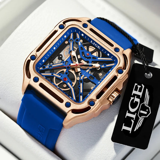 LIGE New Fashion Men Watches Luxury Large Dial Square Design Quartz Watch Casual Silicone Band Men's Sports Watches Reloj Hombre