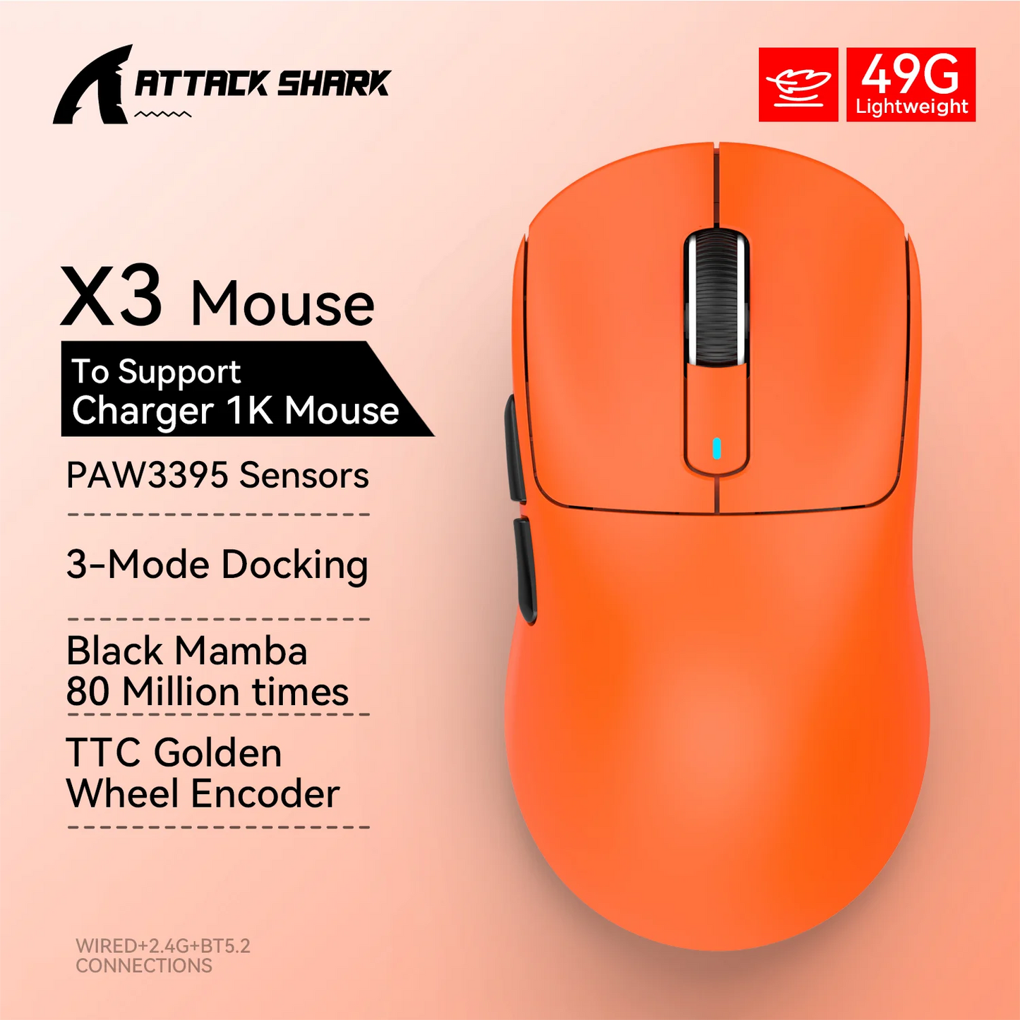 X3 vezeték nélküli gamer egér ATTACK SHARK, piros, 4K válaszidő, Bluetooth hárommódú kapcsolat, PAW3395, makrós Bluetooth gamer egér