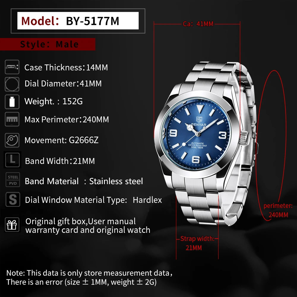BENYAR 2025 Neue automatische mechanische Herrenuhr, Business-Sport-Luxus-Herrenuhr, 50M wasserdichte Uhr, Relogios Masculino