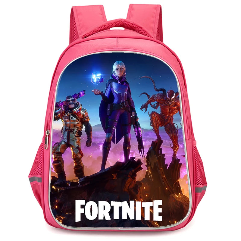 Mochila Fortnite Cartoon vermelha de 16" unissexo com fecho duplo, grande capacidade, mochila escolar para crianças, meninos e meninas dos 5 aos 8 anos