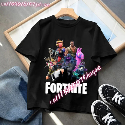Fortnites Kids Black Cotton T Shirt Fortress Night Baby Short Sleeve Tees Shirt Cartoon Boy Girl Summer Clothes Kawaii Tops Gift