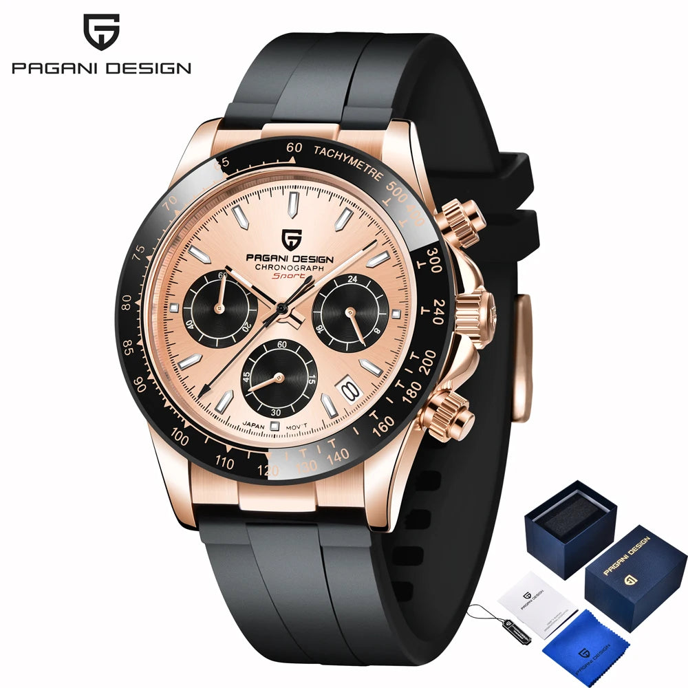 PAGANI DESIGN New Gold Blue Luxury Quartz Watch For Men Gift Box VK63 Movt Chronograph Sapphire Crystal Stainless Steel Watch