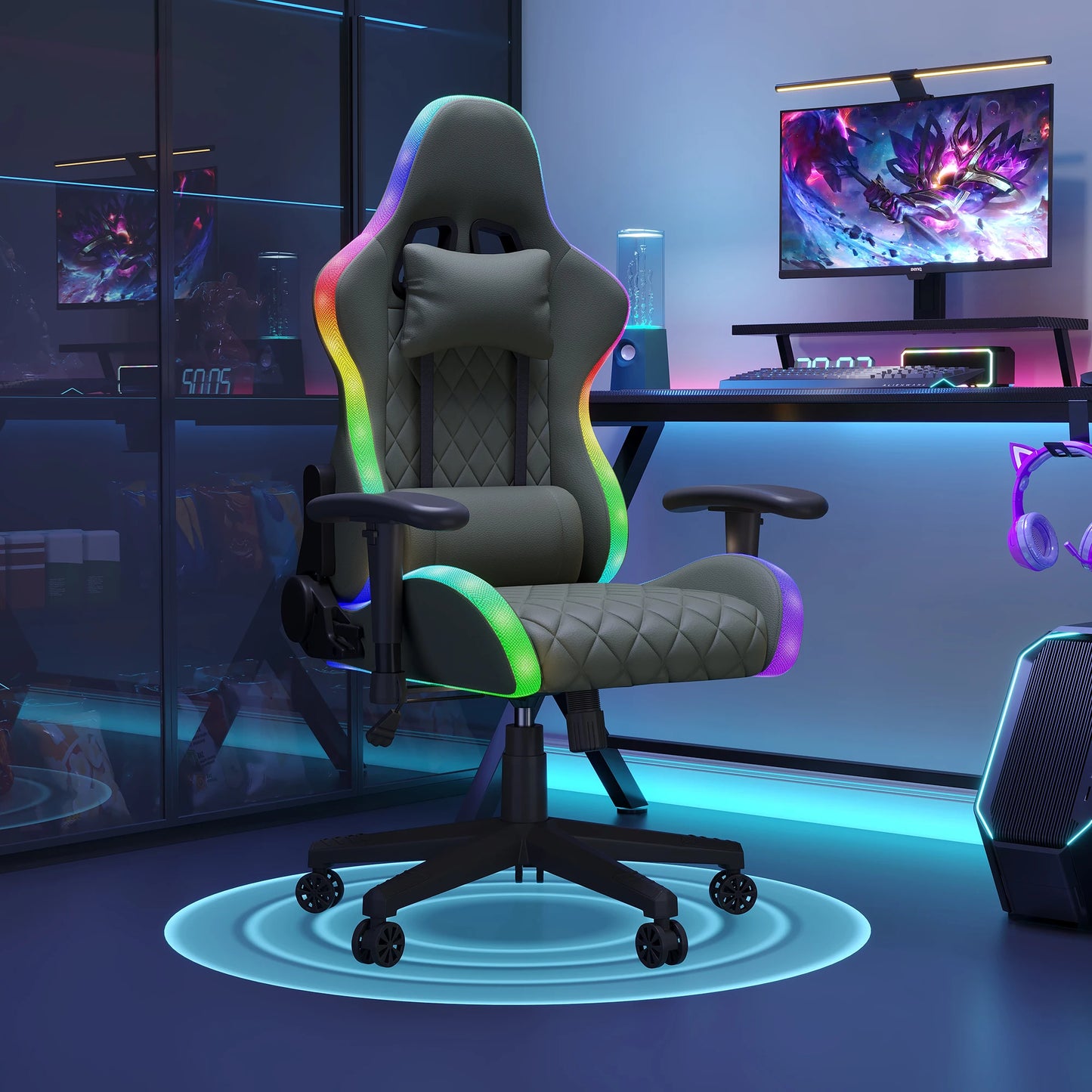 LED Gaming Chair Ergonomic PU Leather Office Chair with Adjustable Backrest, Lumbar Support Pillow, Footrest & RGB Lights