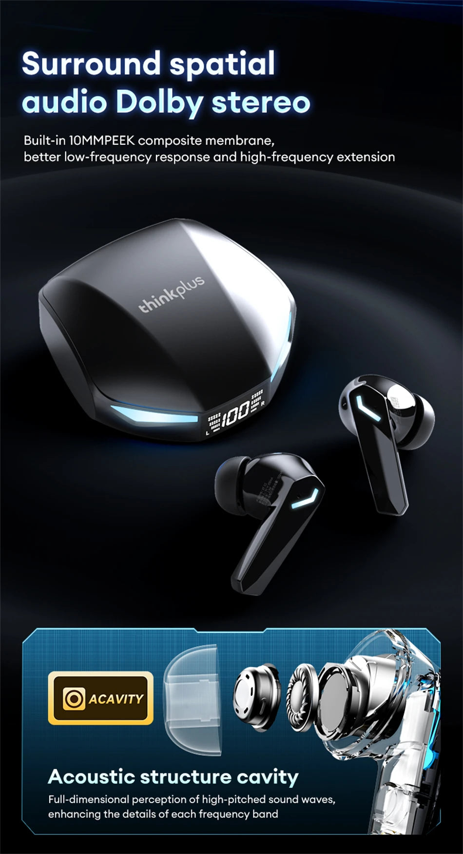 Lenovo XT53 Wireless Bluetooth 5.4 Gaming Earbuds – LED Display, Waterproof Noise Isolating Earphones with Low Latency & Microphone