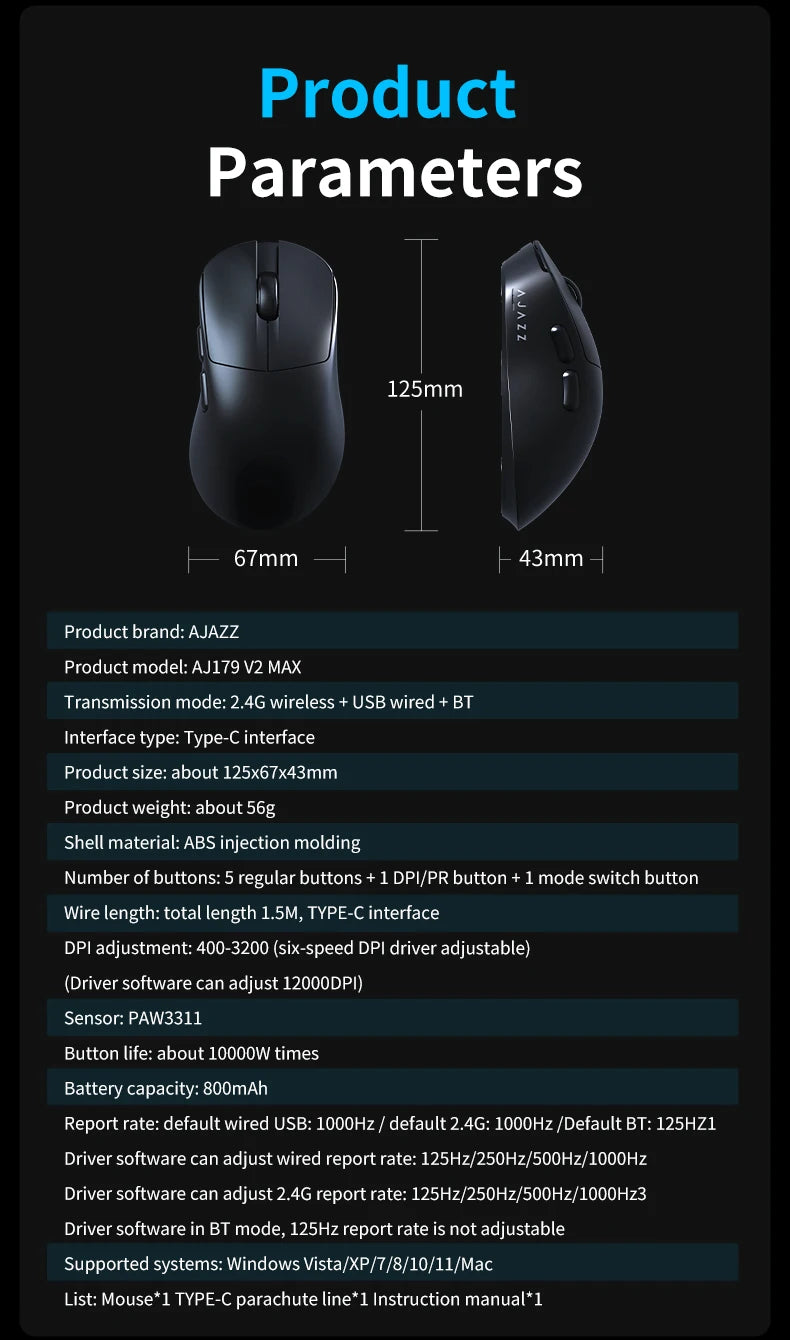 AJAZZ AJ179 V2 MAX Tri-mode Right-handed Mouse 56g Lightweight PAW3311 Sensor Huanuo Micro Switch Telink Microchip