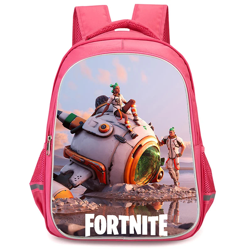 Mochila Fortnite Cartoon vermelha de 16" unissexo com fecho duplo, grande capacidade, mochila escolar para crianças, meninos e meninas dos 5 aos 8 anos
