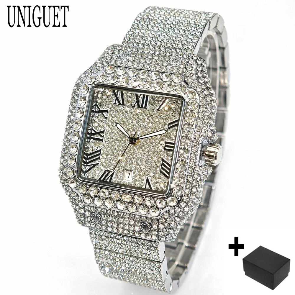 Hot UNIGUET Men's Square Watch Luxury Hip Hop Diamond Jewelry Waterproof Stainless Steel Quartz Wristwatch Fashion Man Accessory