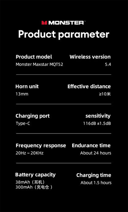 Auriculares Monster MQT52 sem fios Bluetooth 5.4 com bateria de longa duração, auscultadores gaming de modo duplo, som estéreo Hi-Fi e microfone