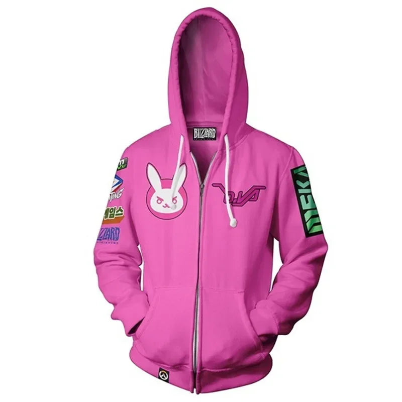 Animepelihuppari, 3D-painatus, Overwatches DVA DJ -cosplay-asu, naisten, miesten ja pariskuntien hupullinen takki, yläosa, vaate