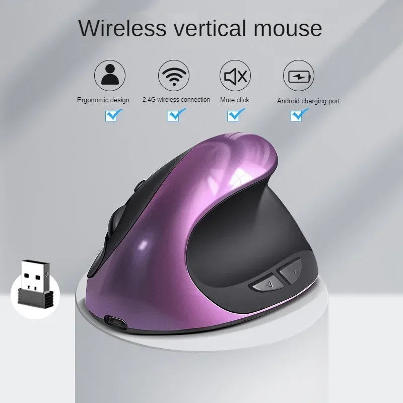 BTS-908 Mouse verticale ricaricabile di tendenza, mouse wireless ergonomico con ricevitore USB 2.4G, DPI regolabile fino a 1600 e 6 pulsanti