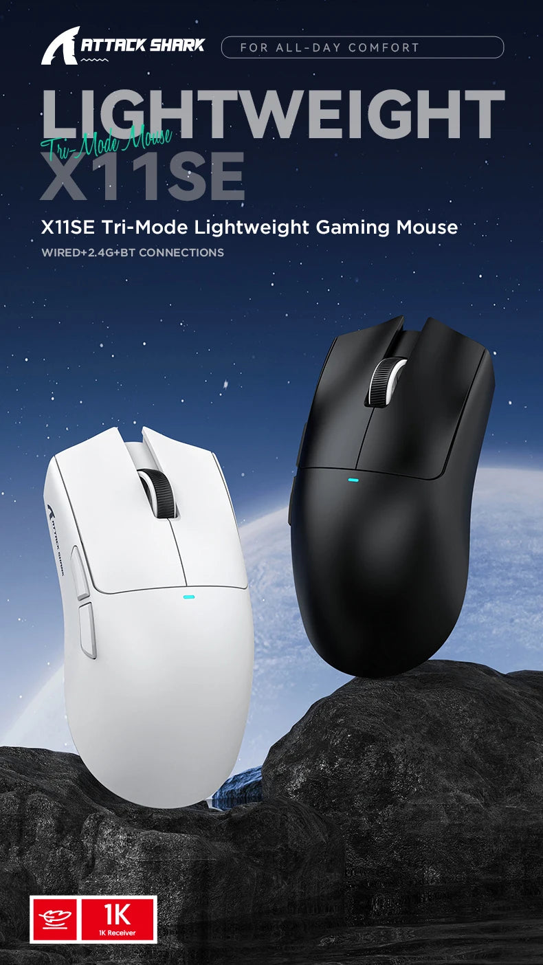 Mouse da gaming wireless ATTACK SHARK X11SE, tri-mode, ultraleggero 63g con sensore PAW3311, 22000 DPI, batteria 300mAh, doppio driver