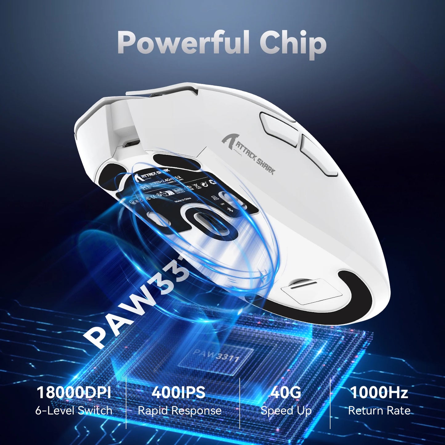 Ratón gaming trimodo ATTACK SHARK R1, sensor PixArt PAW3311, 18000 DPI, 1000hz, ultraligero de 59g para manos grandes, para PC/Mac