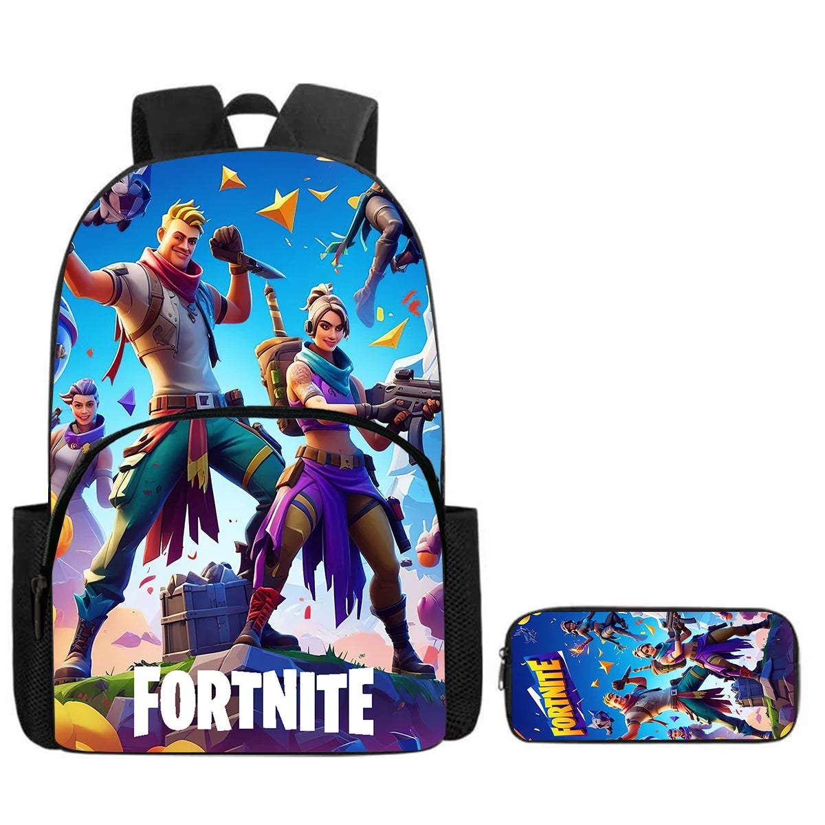 Fortnite Cartoon Backpack w/ Front Pocket & Pencil Case 2PCS - School Set for Boys Girls Age 5-8, Back to School Gift