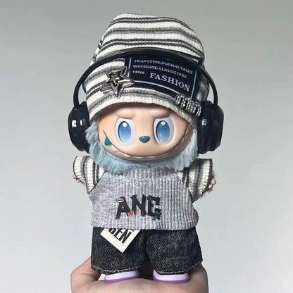 For Labubu 15-17cm Cloth Korean Grey Star Hat Suit Pull Bubu Baby Clothes 123rd Generation High-energy Hope Vinyl Doll Clothes