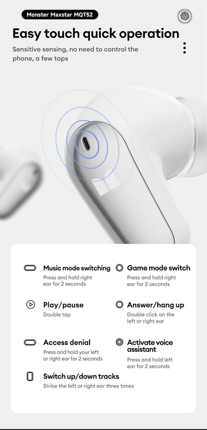 Auriculares Monster MQT52 sem fios Bluetooth 5.4 com bateria de longa duração, auscultadores gaming de modo duplo, som estéreo Hi-Fi e microfone