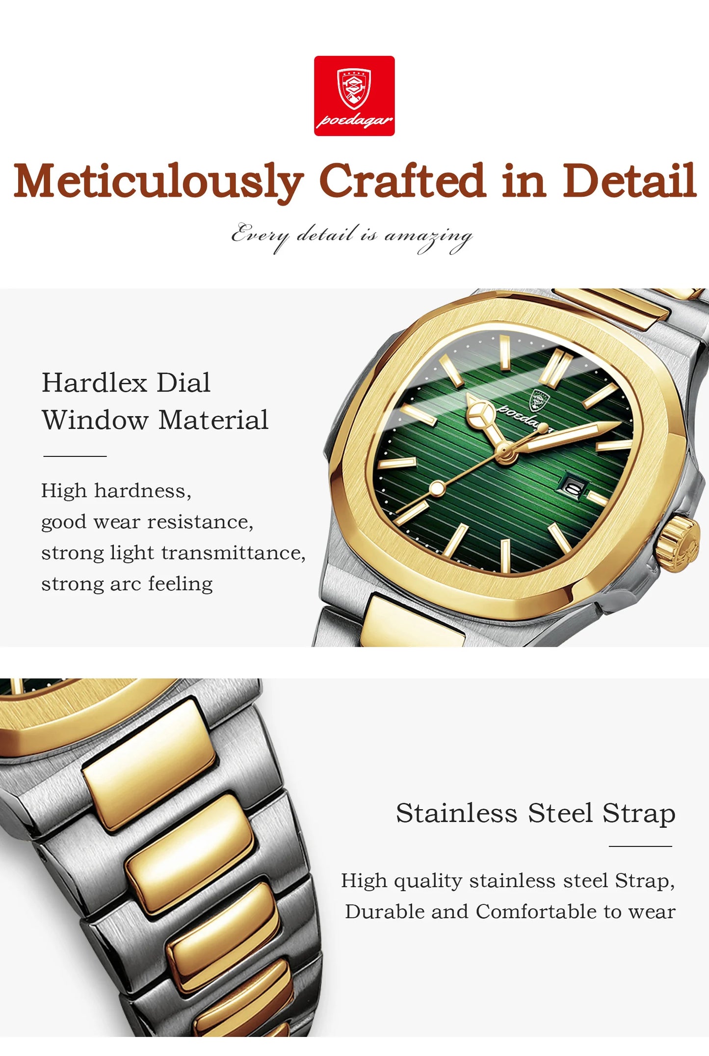 POEDAGAR Square Luxury Watch For Woman Waterproof Luminous Date Ladies Wristwatch Stainless Steel Fashion Quartz Women's Watches