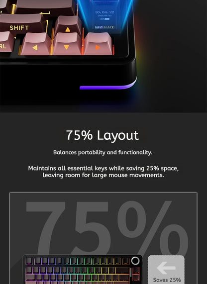 Tastiera meccanica AULA S75 PRO 75% layout personalizzato, retroilluminazione RGB, wireless Bluetooth, tastiera da gaming con schermo e manopola