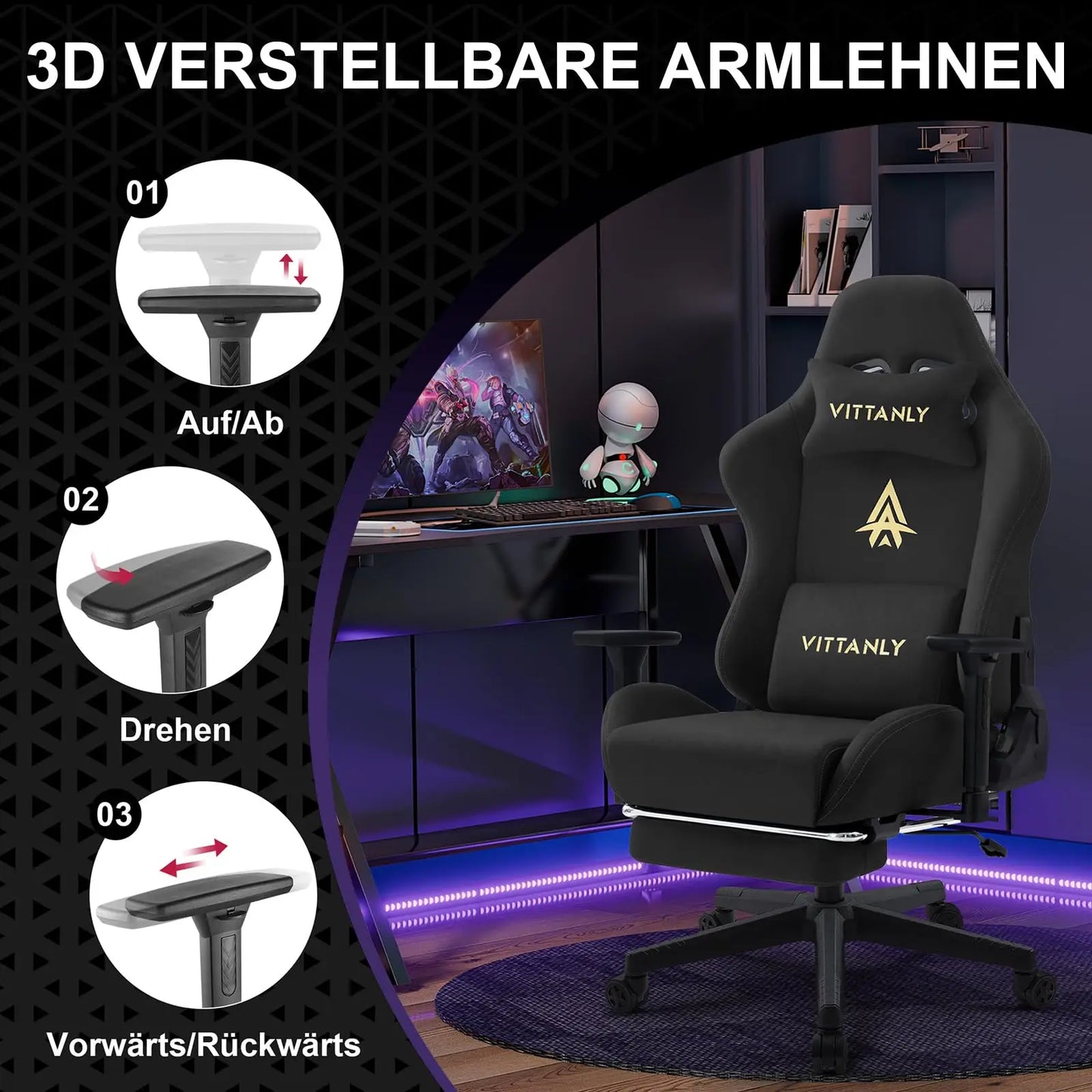 Vittanly Gaming Chair Ergonomic Office Chair with Footrest, Breathable Fabric Adjustable Rotating Computer Chair with 3D Armrests for Gaming & Work