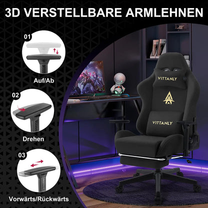 Vittanly Gaming Chair Ergonomic Office Chair with Footrest, Breathable Fabric Adjustable Rotating Computer Chair with 3D Armrests for Gaming & Work