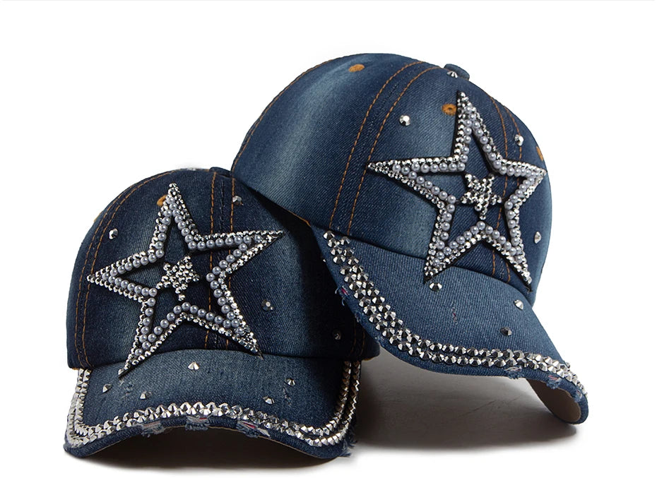 Y2K Pentagram Denim Cloth Baseball Cap Women Fashion Vintage Snapback Men Female Hip hop Shiny Rhinestone Hat For Spring Autumn