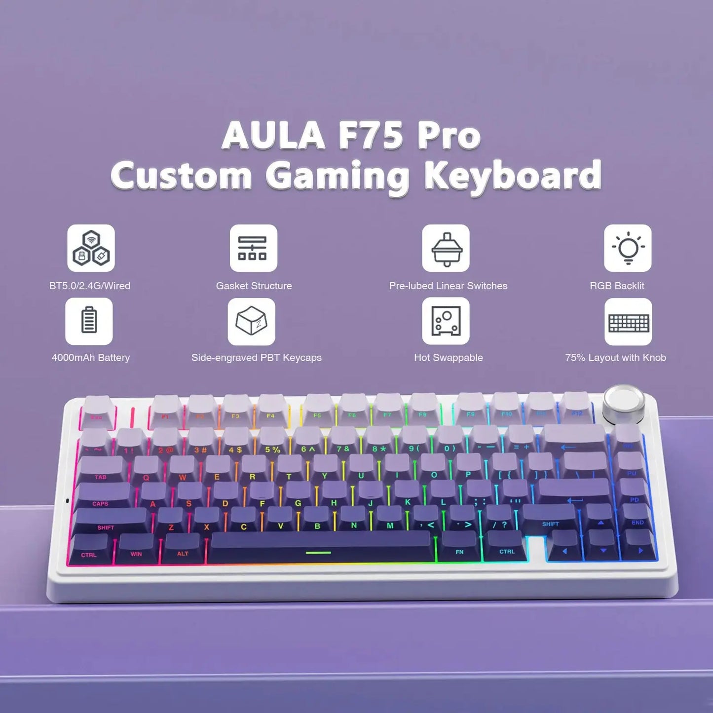AULA F75 Pro kabellose mechanische Gaming-Tastatur mit Gasket-Mount, RGB, anpassbar, 75-%-Layout und seitlich gravierten PBT-Tastenkappen