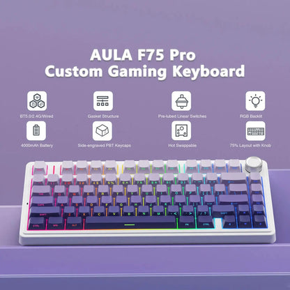 AULA F75 Pro kabellose mechanische Gaming-Tastatur mit Gasket-Mount, RGB, anpassbar, 75-%-Layout und seitlich gravierten PBT-Tastenkappen