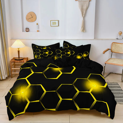 Conjunto de Capa de Edredão 3D Geométrica com Padrão Hexagonal em Favo de Mel, 3 Peças, Roupa de Cama em Poliéster Colorido com Impressão Digital e Fecho de Correr