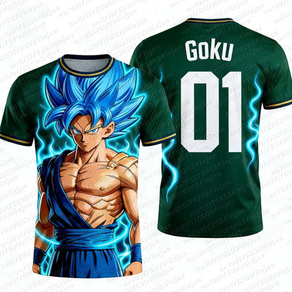 2026 Summer Dragon Ball Goku Golden Super Saiyan #00 Soccer Jersey, 3D Lightning Print Breathable Oversized Tee for Unisex Kids