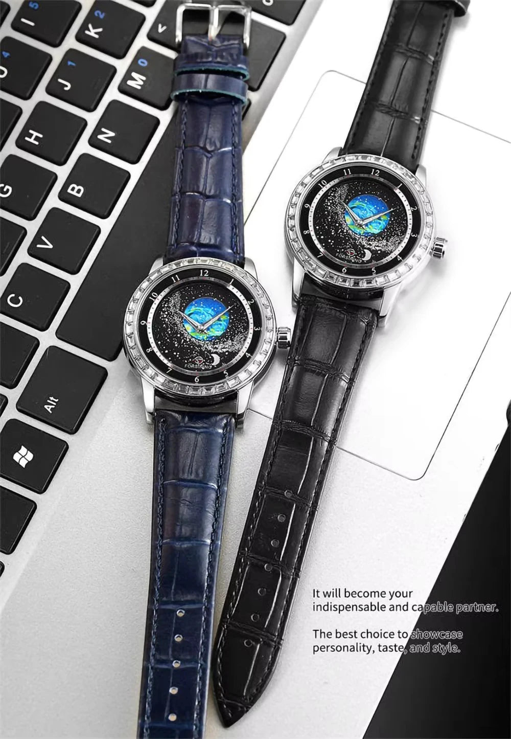 FORSINING Luxury Mens Automatic Mechanical Watch,Earth Star Moon Starry Milky Way Rhinestone Dial Leather Strap,3ATM Waterproof