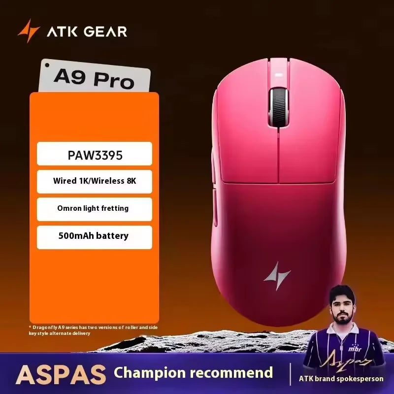 Mouse gaming wireless ATK A9 con tecnologia NearLink, ergonomico, PAW3395, tri-mode Bluetooth a bassa latenza, mouse esports per PC