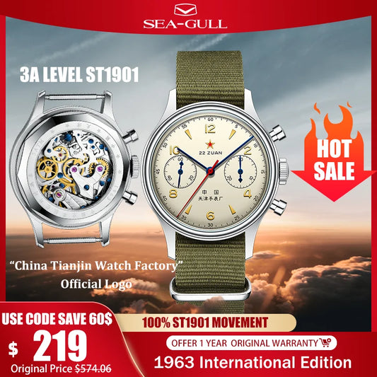 Seagull 1963 International Edition Herren-Mechanikuhr Pilotenuhr ST1901 Retro-Chronograph Armbanduhr Air Force Aviation Neu