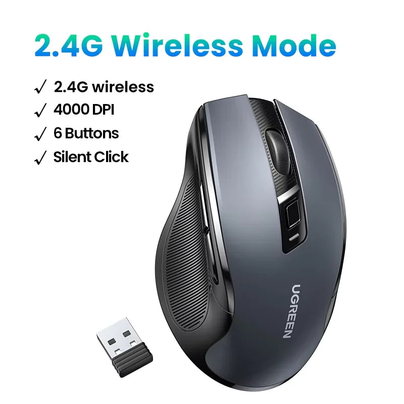 Rato sem fios UGREEN Bluetooth 5.0 ergonómico, 4000DPI, 6 botões silenciosos, para MacBook, tablet, portáteis, computador e PC, rato 2.4G