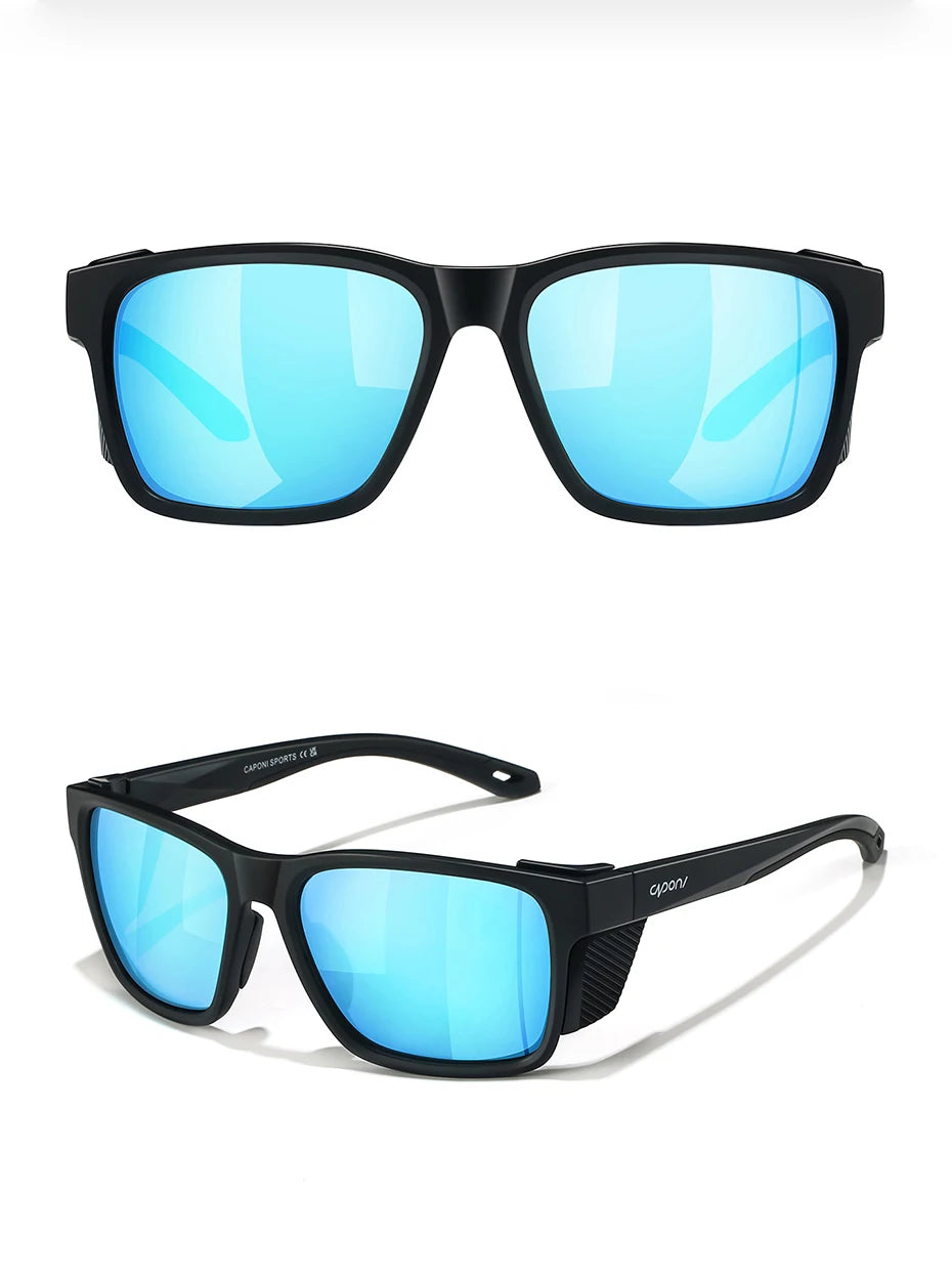 CAPONI Polarizované pánské sluneční brýle pro outdoorové sporty a rybaření, čtvercové, odolné proti oleji a vodě, modré HD čočky, černé obroučky CP36505
