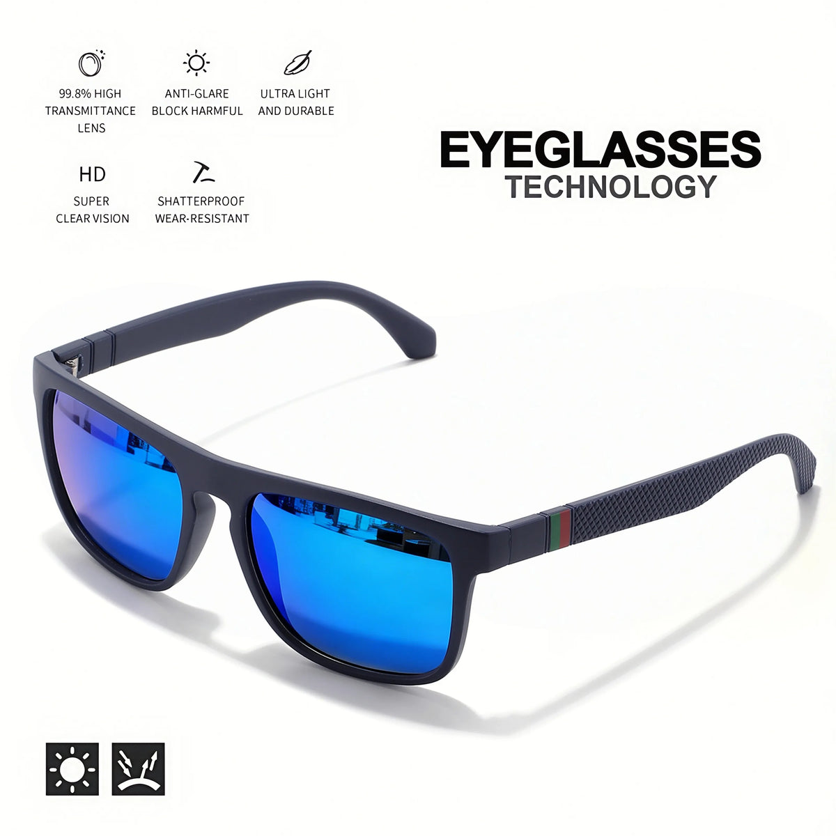 3 ks klasických retro polarizovaných čtvercových slunečních brýlí – červené/zelené pruhované stranice, UV400, unisex, pro každodenní nošení, outdoor, rybaření a řízení
