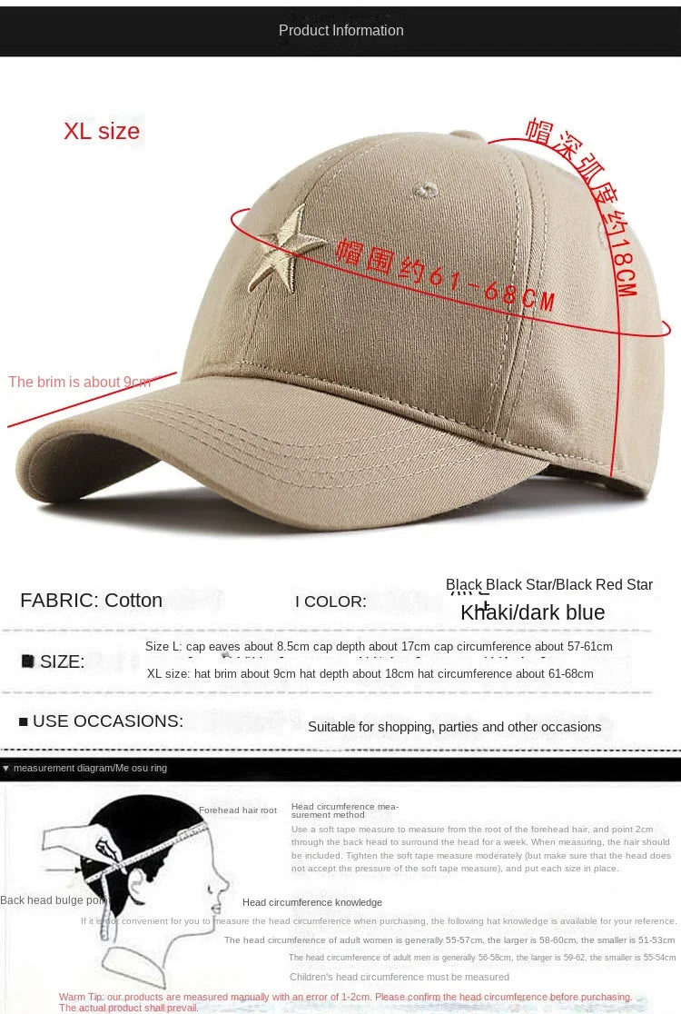 Baseballová čepice Big Head Plus Size, 100 % bavlna, vhodná pro muže i ženy, nastavitelná, čepice typu „dad hat“, nadměrná velikost 58–60 cm, 61–65 cm