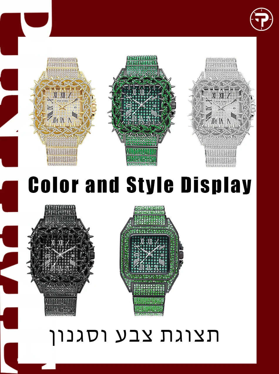 Shine Luxury Hip-Hop Diamond Watch with Emeralds for Men Replica Czech Stone Inlaid Waterproof Gold Watch שעוני יוקרה
