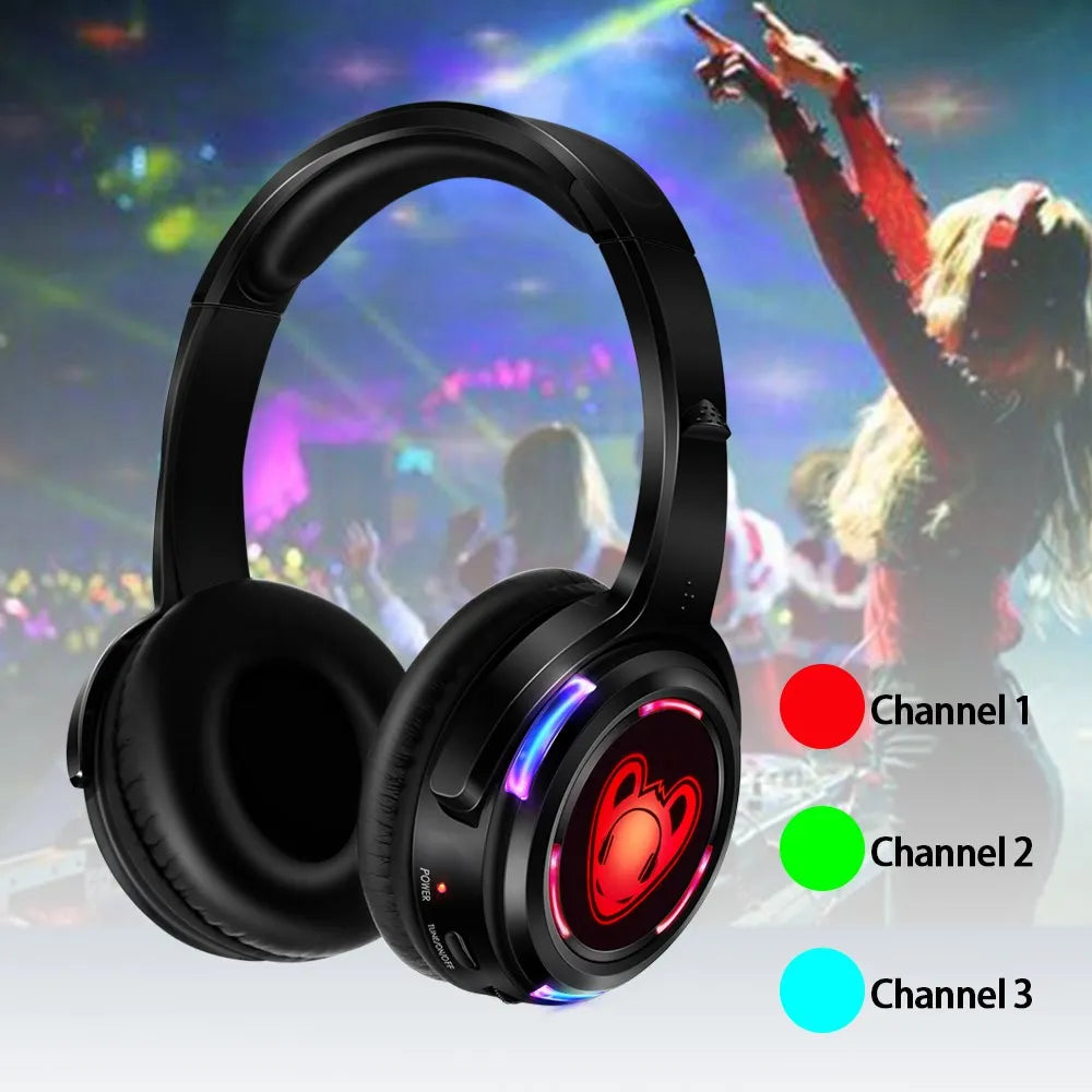 Auscultadores sem fios Silent Disco RF LED DJ Party 863–865MHz/915MHz com iluminação LED de 3 canais e bateria de 10H
