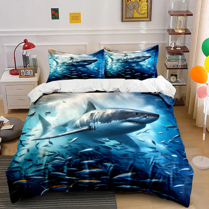 Shark Swimming Through Fish Swarm Print Soft Comfortable Duvet Cover Bedding Set Includes 1*Duvet Cover 2*Pillowcases