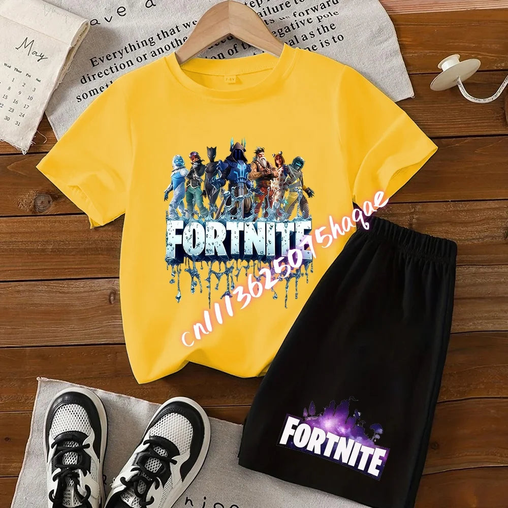 Conjunto infantil de verão Fortnite com t-shirt e calções anime, 2 peças, manga curta, algodão, casual, desportivo, presente