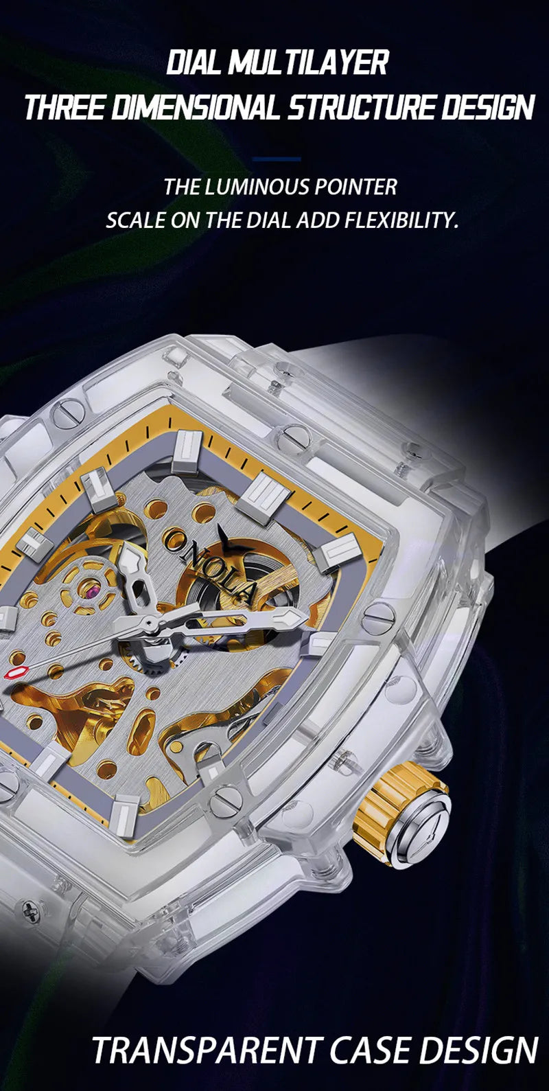 Luxury men's watch onola plastic transparent hollow full automatic mechanical watches men waterproof clock