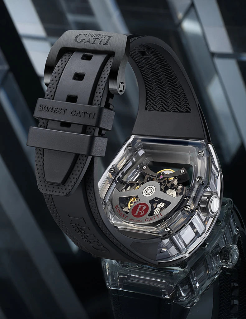 BONEST GATTI New Fully Automatic Men Watch Skeleton Mechanical Watch Rubber Black Band Luminous Barrel Shaped Men Watch