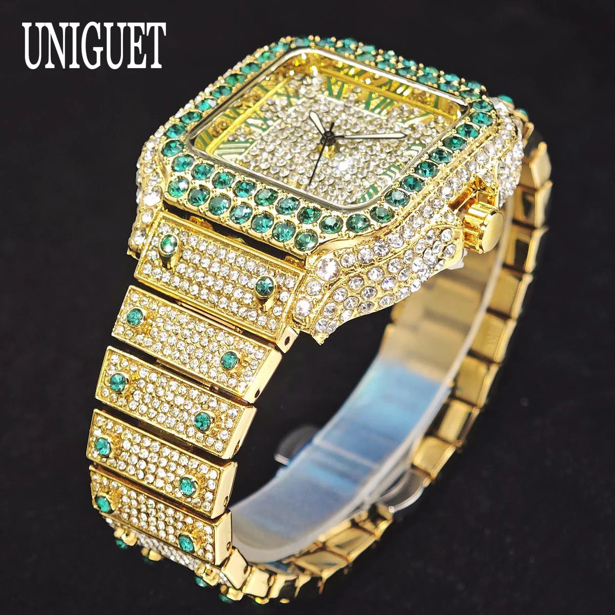 UNIGUET Big Diamond Watch Men Luxury Colored Roman Literal Watch Man Hip Hop Jewelry Bling Bling Square Wristwatch Dropshipping