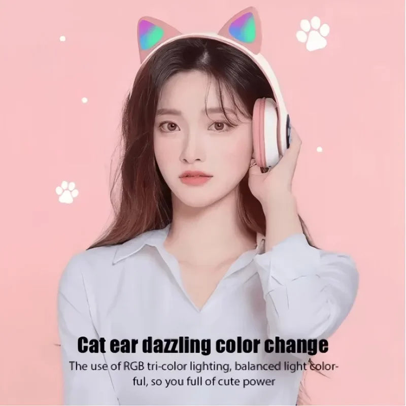 Cute Cat Ears Wireless Bluetooth Headphones with Mic LED Lights, Kids Stereo Music Headset, Cat Ear Wireless Headphones with Noise Cancelling, Gaming & Gift Headphones