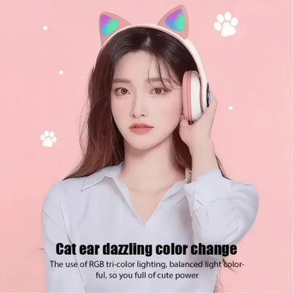 Cute Cat Ears Wireless Bluetooth Headphones with Mic LED Lights, Kids Stereo Music Headset, Cat Ear Wireless Headphones with Noise Cancelling, Gaming & Gift Headphones