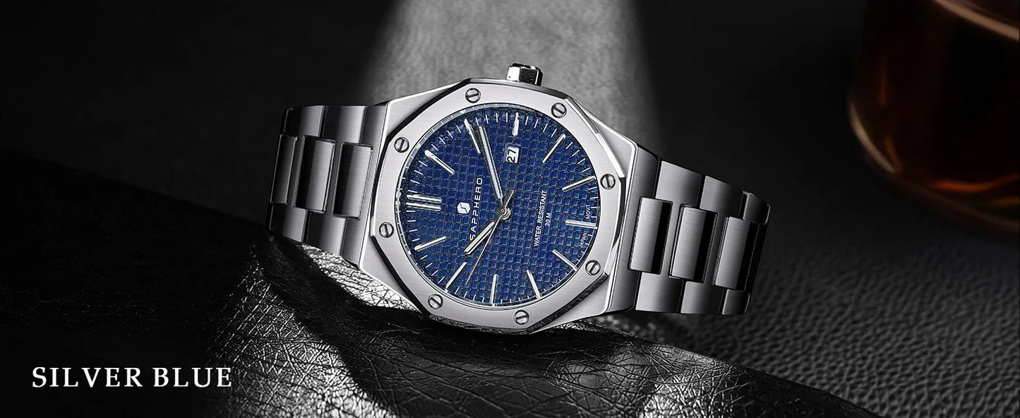 SAPPHERO Men’s Analog Watch Stainless Steel Japan Quartz Movement Date Display 50m Waterproof Classic Business Casual Wristwatch