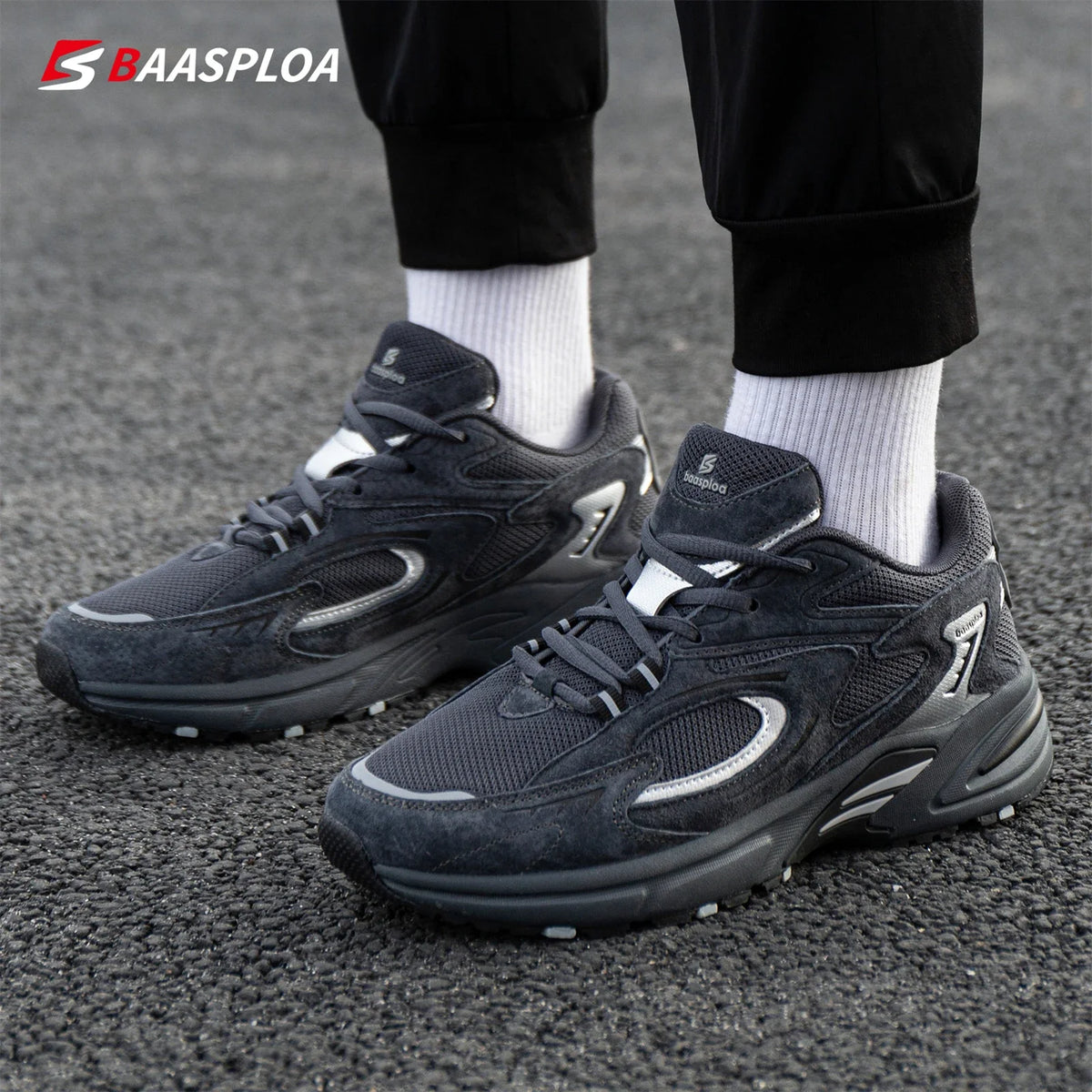 Baasploa Nieuwe hardloopschoenen voor heren, outdoor, modieus, lichtgewicht sportschoenen van mesh, casual herenschoenen, ademend, antislip wandelschoenen