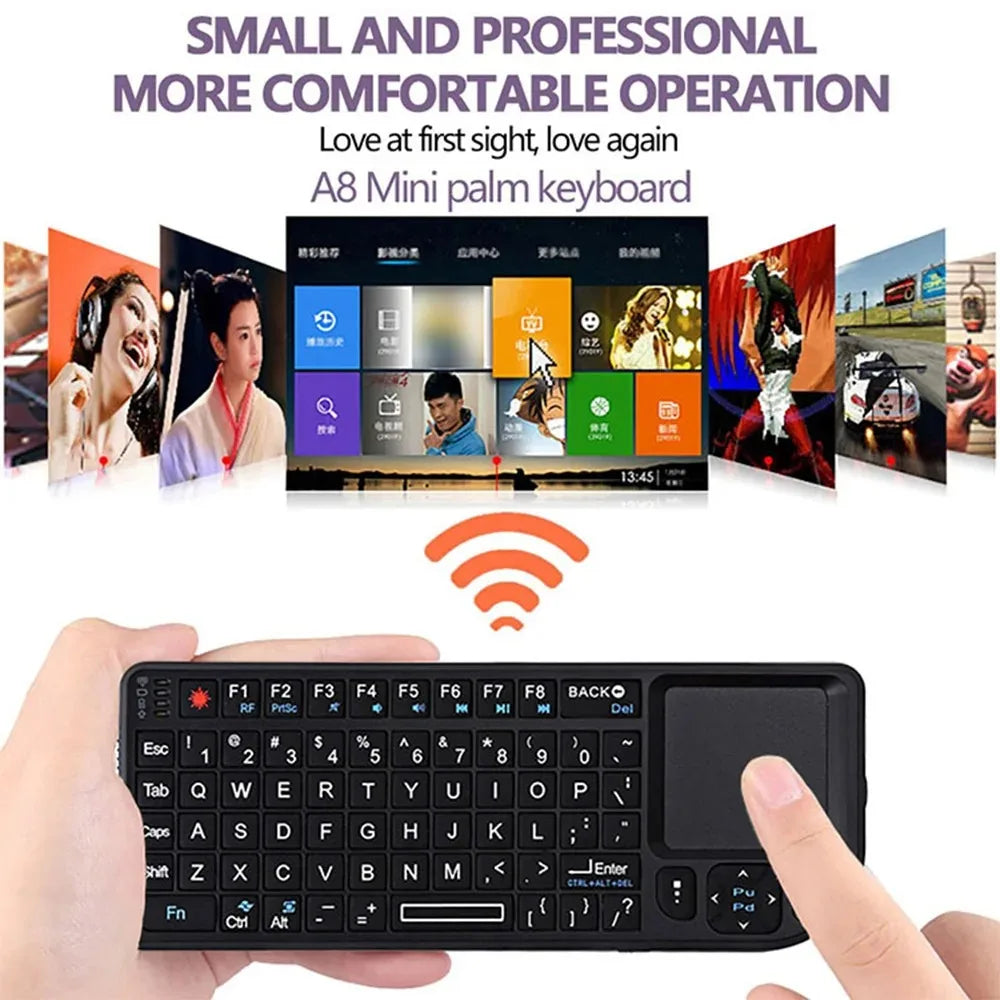 Teclado inalámbrico A8 Mini 2.4G con retroiluminación de 7 colores, teclado portátil 3 en 1 con panel táctil y Air Mouse para Android TV Box, PC y tablet